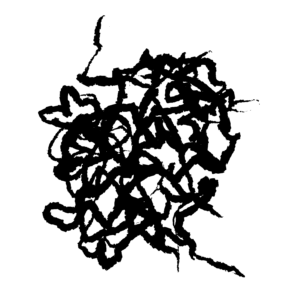 Digital illustration of a chaotic, concentrated black scribble in the center of a white background.