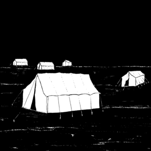 A black and white illustration of several large white tents set up in a field.