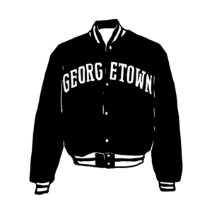 Black and white sketch of an athletic jacket with Georgetown across the chest.