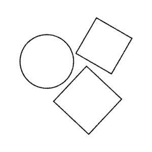 A trio of black-outlined shapes against a white background - one circle and two squares.