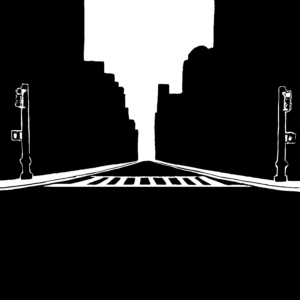 Black and white illustration of a street directly in front of the viewer, with a crosswalk painted across it with a city and traffic lights in the background.
