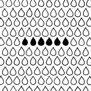 A black and white illustration of many white droplets outlined in black on a white background, with six black droplets in a row in the middle.
