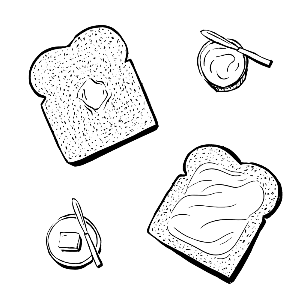 Black and white digital illustration of two pieces of toast – each covered with a different type of spread. Next to the pieces of toast are two small jars or butter dishes with butter knives.