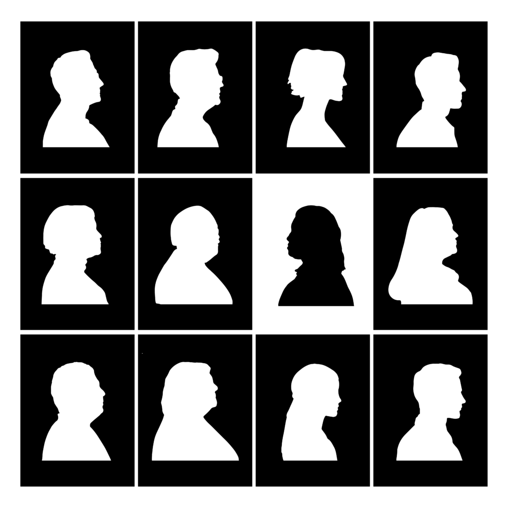 A 4 by 3 grid of head-and-shoulder silhouettes of people in profile. 11 of the boxes have black backgrounds and white silhouettes facing right, and one box has a white background and black silhouette facing left.