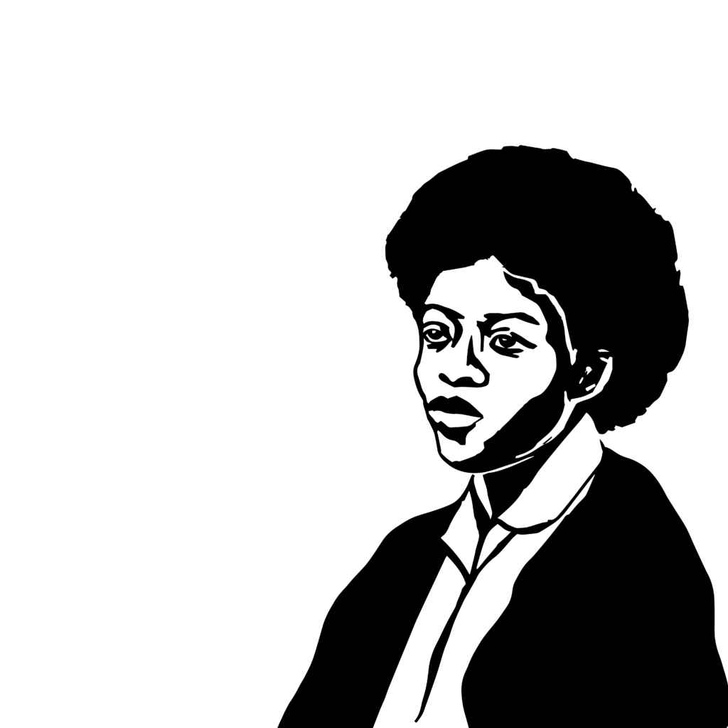 Black and white illustration of a Black woman with an afro wearing a collared shirt and jacket.