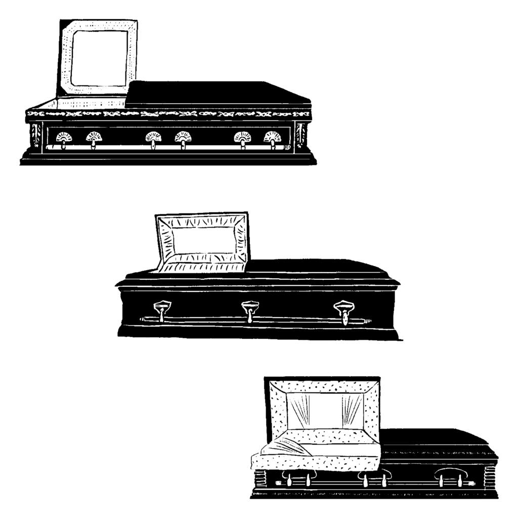 A black and white illustration of three caskets. Each has slightly different hardware on it, and is open from the middle up.