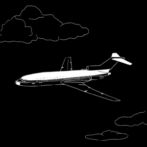 A black and white illustration of a white plane flying on a black sky with clouds.