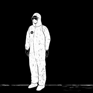 Digital illustration of a person wearing a hazmat suit and a mask and sunglasses.