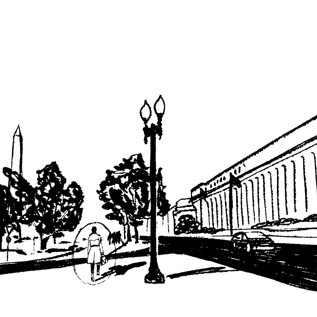 Black and white digital illustration of a woman in a trench coat walking in Washington DC. The Washington Monument is visible.