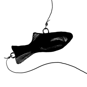 A black and white illustration of a metal fishing weight, in the shape of a fish, tied to a fishing line.