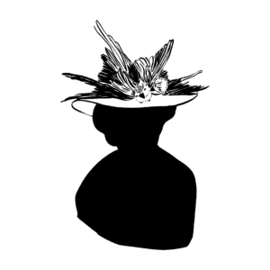 Black and white illustration of the silhouette of a woman wearing a hat topped with several dead birds.