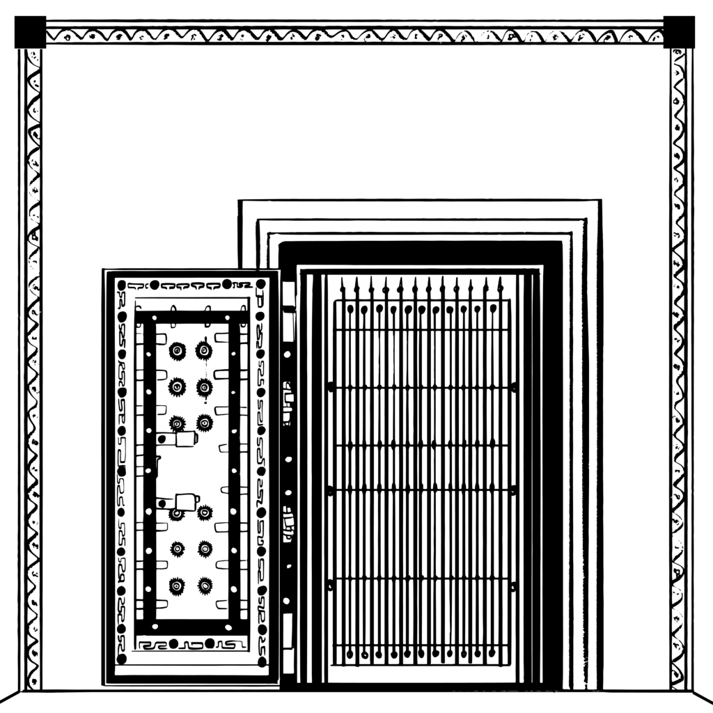 A black and white illustration of an open door leading to a vault. There are bars in the door opening and all kinds of lock mechanisms on the inside of the open door.