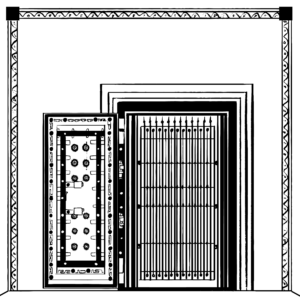 A black and white illustration of an open door leading to a vault. There are bars in the door opening and all kinds of lock mechanisms on the inside of the open door.