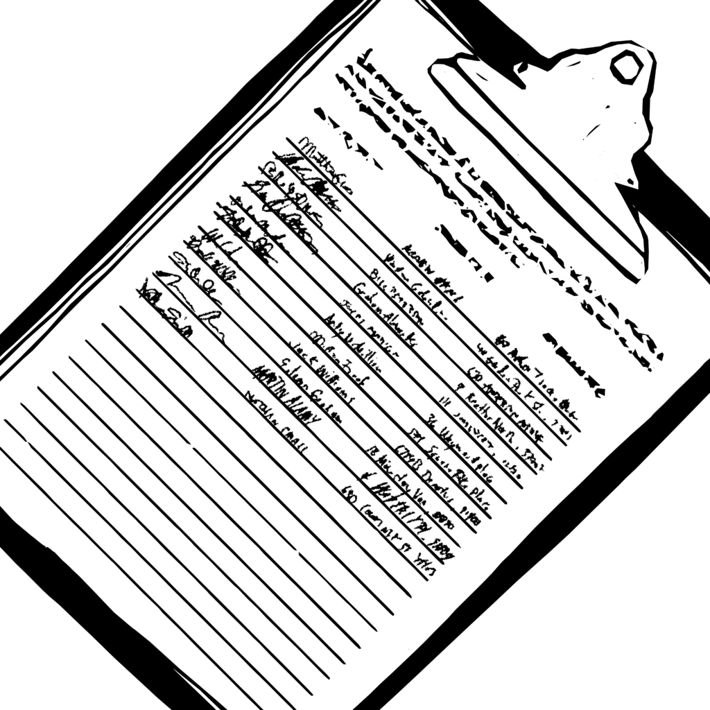 A black and white illustration of a clipboard with a petition with signatures clipped to it.