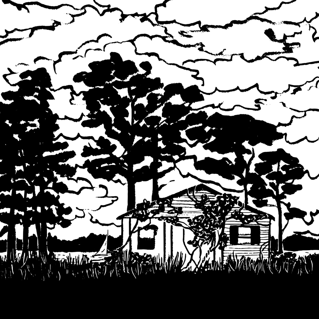 Black and white sketch of a small one-story house surrounded by pine trees, with water in the background and lots of clouds in the sky. The house is covered in vines and the grass surrounding the house is overgrown.