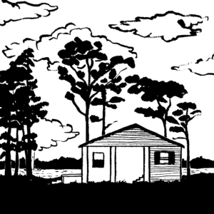 Black and white sketch of a small one-story house surrounded by pine trees, with water in the background and a few clouds in the sky.