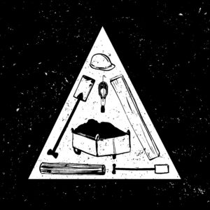 A black and white illustration of a white triangle-shaped tunnel on a black speckled background. Drawn inside the triangle shape are a hard hat, two shovels, a log and a board, a lantern, and a cart filled with dirt.