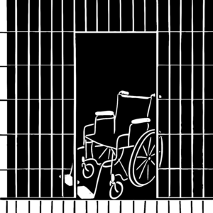 Black and white illustration of a wheelchair in the open doorway of a prison cell.