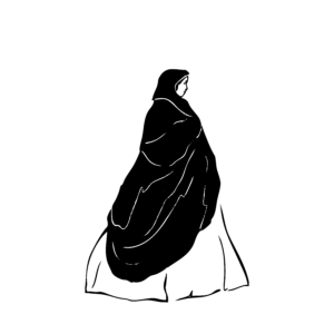 Black and white illustration of a woman wearing a long black hooded cape over a white skirt. She is looking to the right.