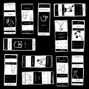 Black and white illustration of several tickets for football games arranged in a grid, the tickets show football players and team names like the Vikings, Seahawks, Lions, Dolphins, Giants, Cowboys, and Steelers.