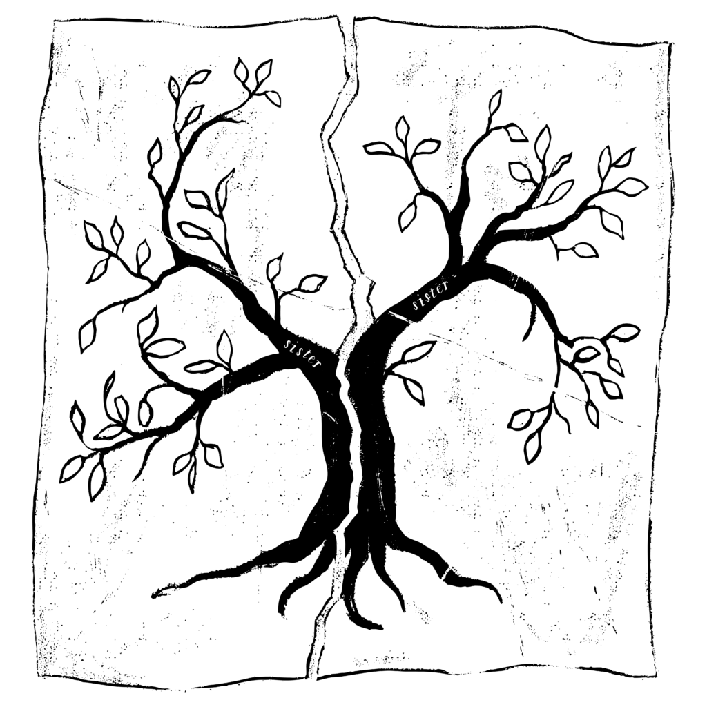 A black and white illustration of a tree with leaves on it, drawn on a paper that is ripped down the middle so that the tree is split into two halves. The word "Sister" is written on the two main branches of the tree that are split apart.