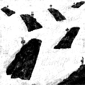 Black and white abstract illustration of several gravesites, marked only by small numbered signs. The gravesite closest to the foreground is labeled number 672.