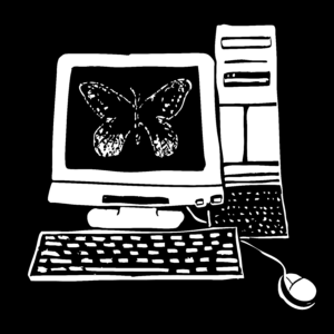 Black and white illustration of a 2000s desktop computer with console, monitor, keyboard, and wired mouse. On the computer screen is an image of a butterfly.