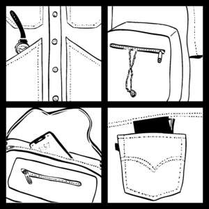 Black and white digital illustration of a grid of four close-up images: a watch slipping up out of a jacket pocket (top left), a necklace falling out of a backpack zipper pocket (top right), a wallet just visible in the back pocket of a pair of jeans (bottom right), and a cellphone poking out of a purse pocket (bottom left).