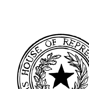 Illustration of a Texas House of Representatives seal, with part of the seal cut off by the edges of the frame. At the center of the seal is a star surrounded by branches of leaves.