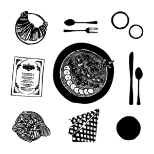A black and white digital illustration of a set table. In the middle, there is a bowl of food, topped with fruit. Around the bowl, there are other food items – a croissant on a plate and a salad – as well as a napkin, a restaurant menu, tableware and glasses.
