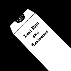 Black and white illustration of a long and skinny envelope that reads, "Last Will and Testament."