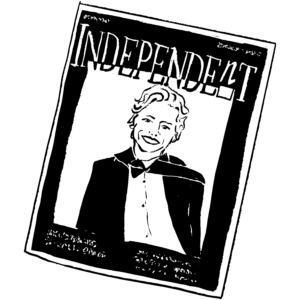 A black and white illustration of a weekly newspaper cover, with the word "Independent" written on the front. There is a cover photograph of a woman with short hair, smiling.