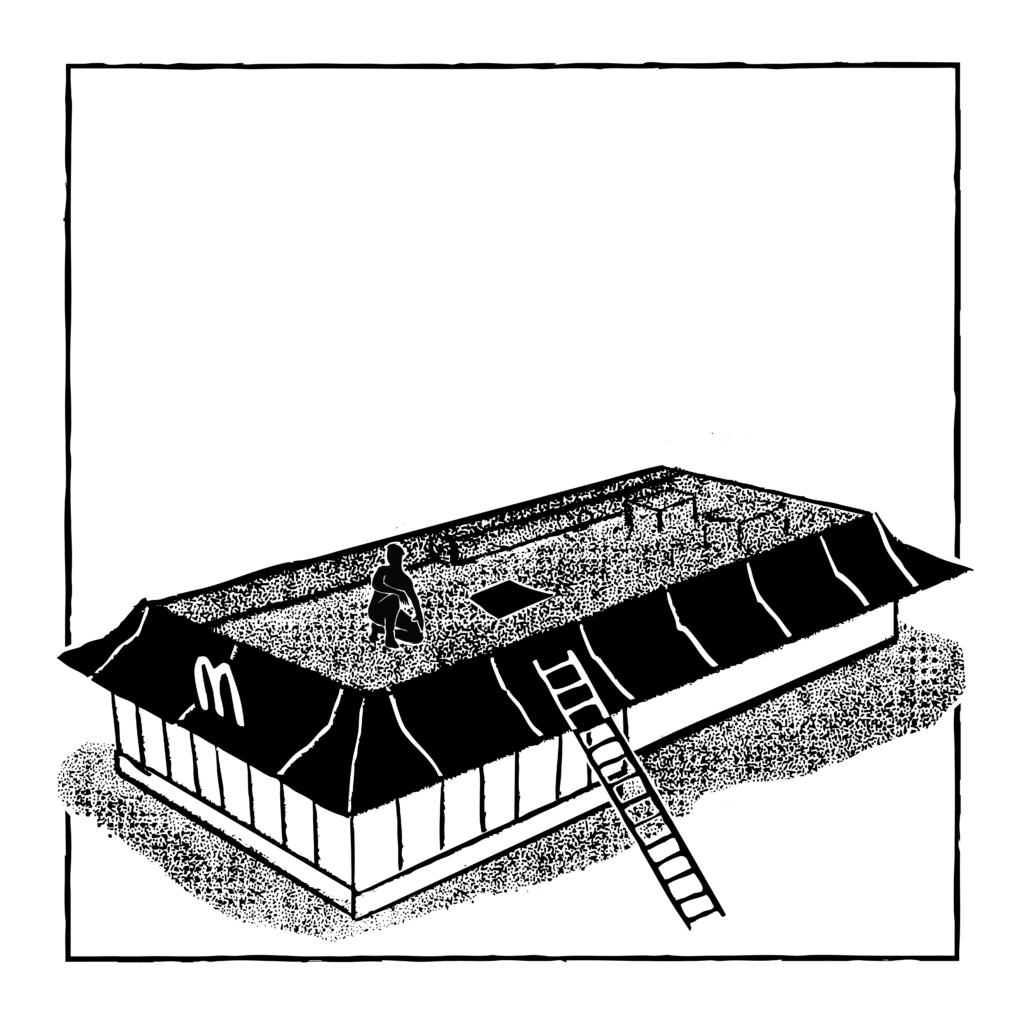 A black and white illustration of a McDonald's from above. There is a ladder leading to the roof, and a shadowed figure crouching by a hole in the roof.