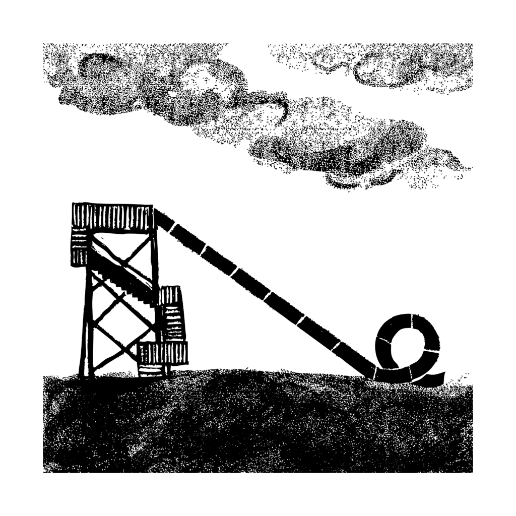 A black and white illustration of a long and steep waterslide ending with an upside down twist. In the background are clouds gathering.