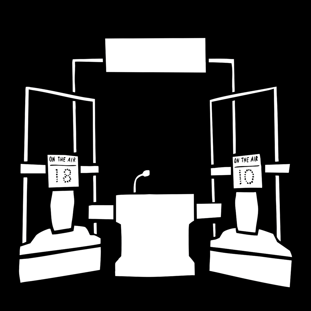 Black and white digital illustration of a game show set with two contestant stands, one displaying 18 points and the other displaying 10 points.