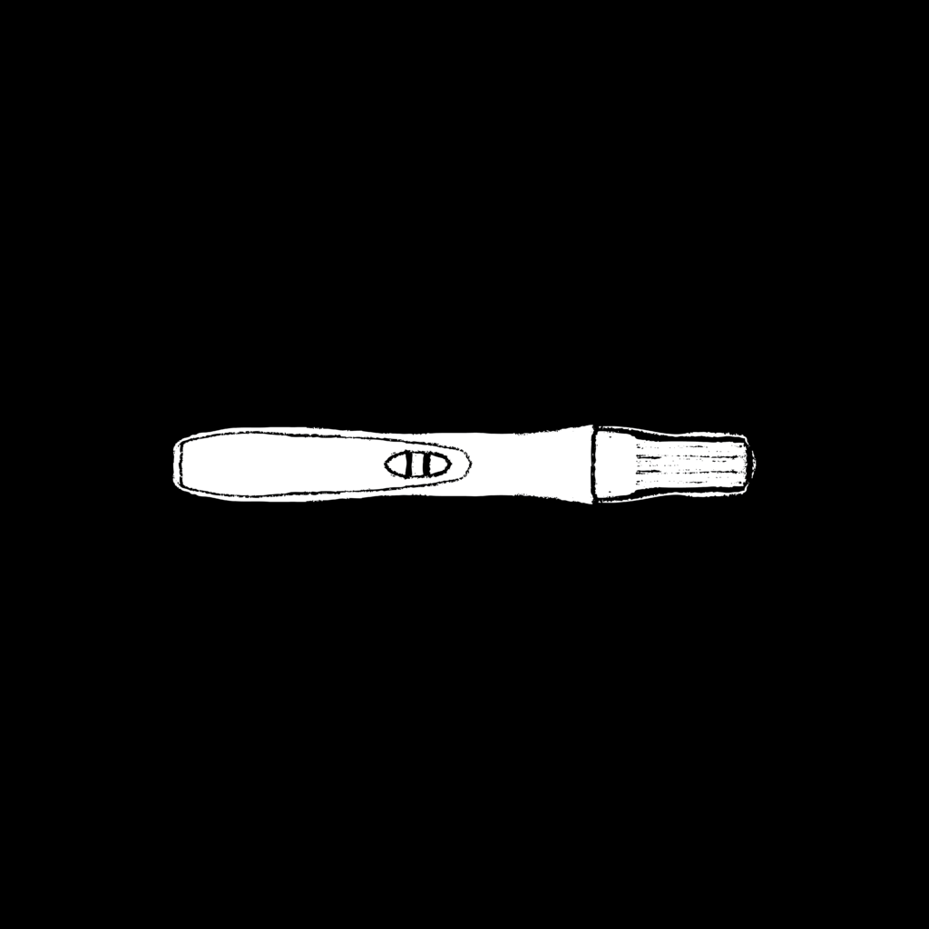 A drawing of a white pregnancy test on a black background. The test is positive.