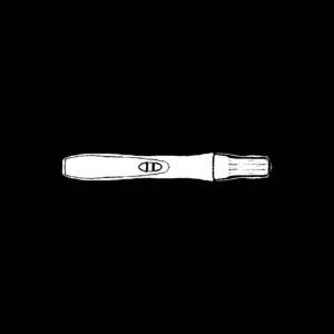 A drawing of a white pregnancy test on a black background. The test is positive.