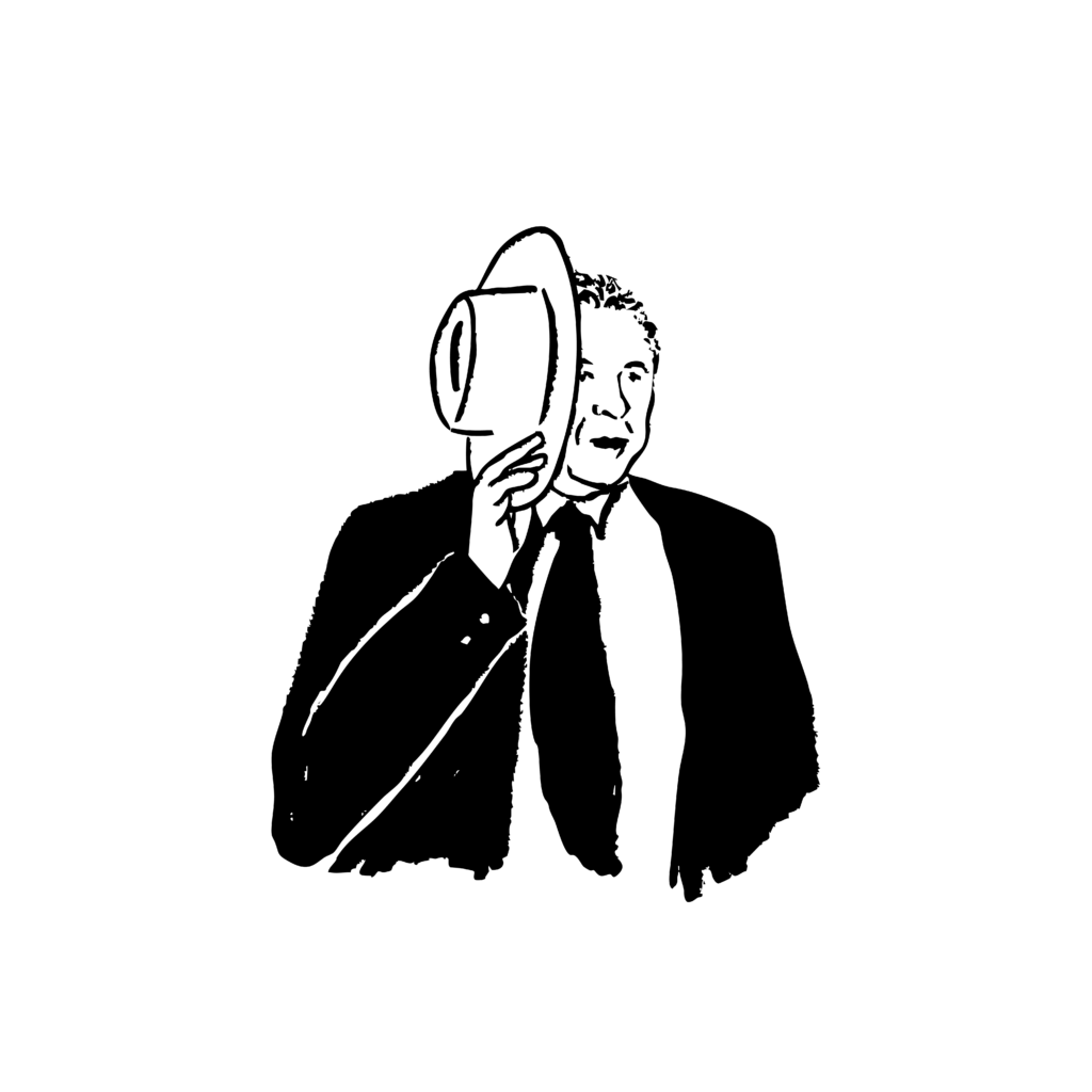 Black and white illustration of an older man in a suit and tie holding a fedora to the side of his face. He has a very slight smile.