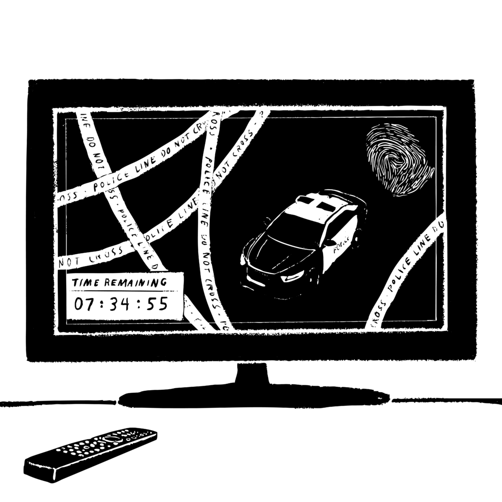 Black and white illustration of a modern-day television. On the screen is a fingerprint, a police car, caution tape, and a countdown clock in the lower left corner that reads "Time remaining 07:34:55." The television appears to be on a table, where there is also a remote.