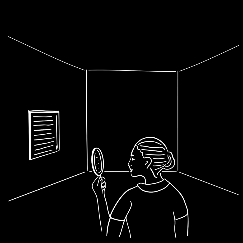 Black and white illustration of a young girl in an empty room holding a magnifying glass and looking through it.