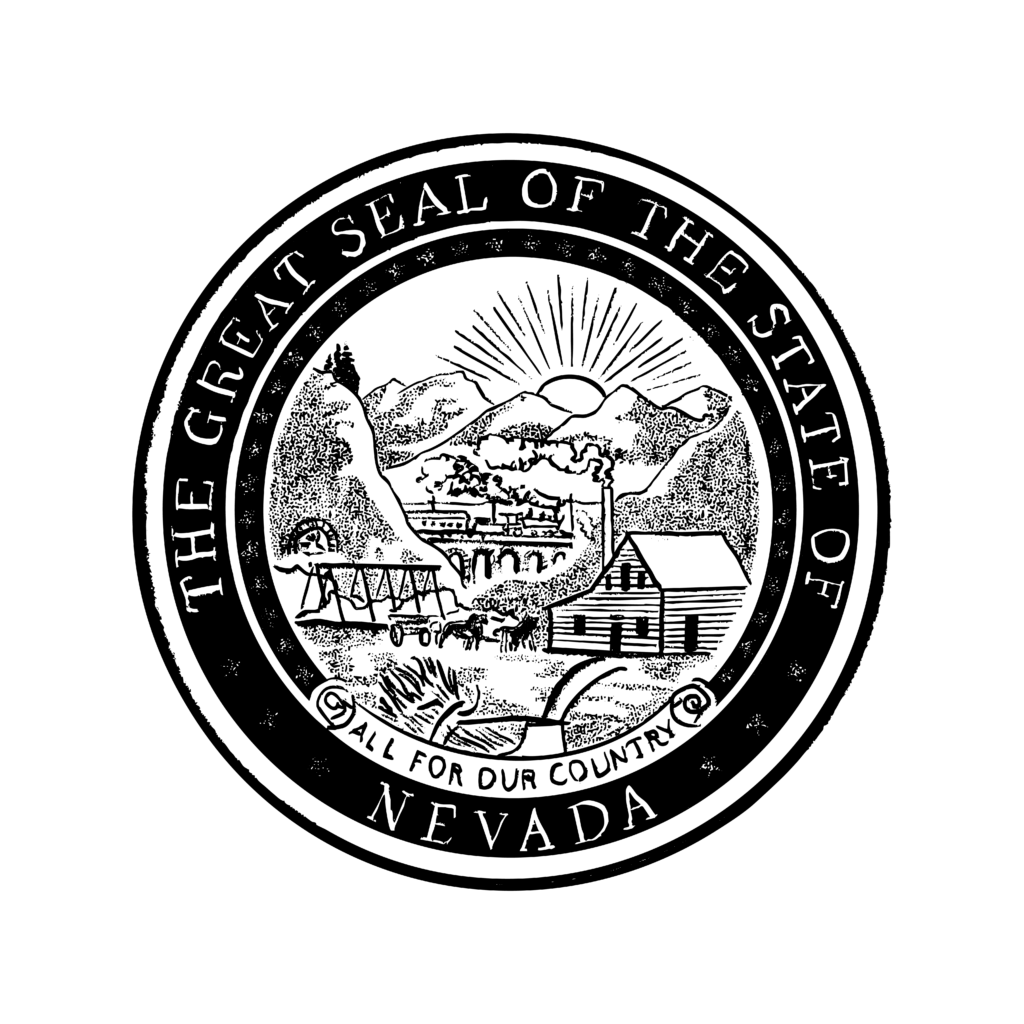 Black and white illustration of the state seal of Nevada. In the middle of the seal is an illustration of a sun rising behind rolling hills, with a barn, train, and horses in the foreground. Text around the seal reads, "The Great Seal of the State of Nevada."