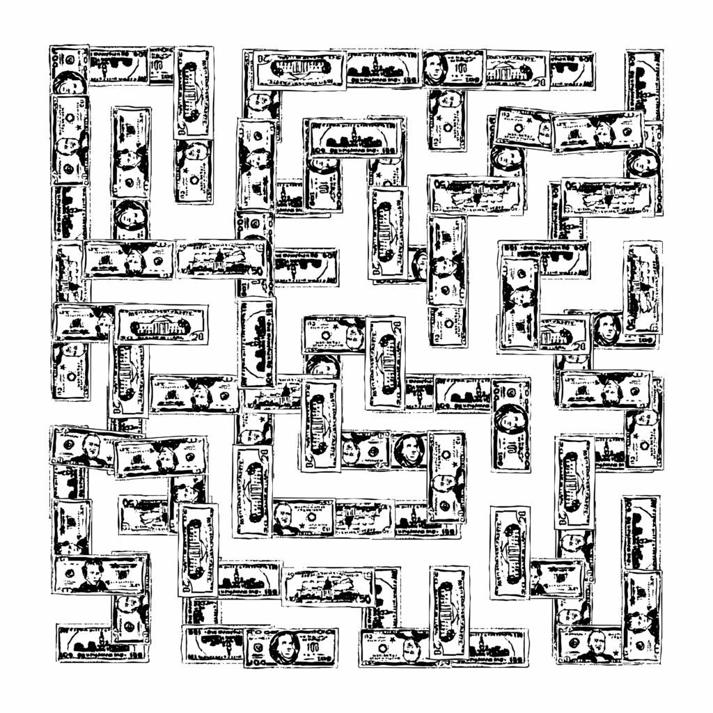 Black and white digital illustration of a complex maze. The walls are made up of dollar bills.