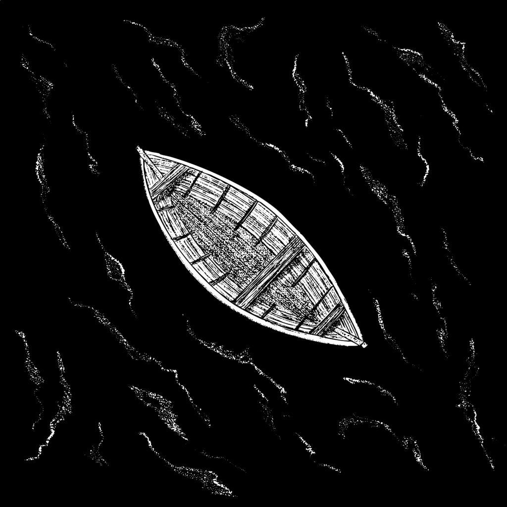 An illustration of a lifeboat adrift at sea, viewed from bird's eye view. The sea is black and looks rough. The lifeboat is an old style wooden boat and empty.