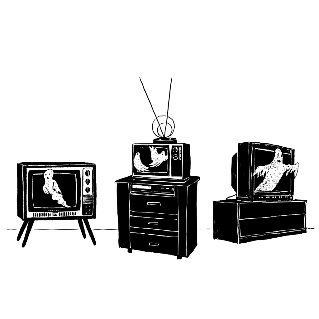 Black and white illustration of three different outdated TV sets in a row, each with a ghost or two appearing to fly out of the screen.
