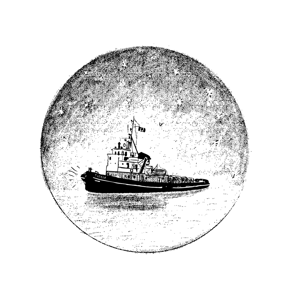 Black and white illustration of circle with a tugboat on the water at night inside it.