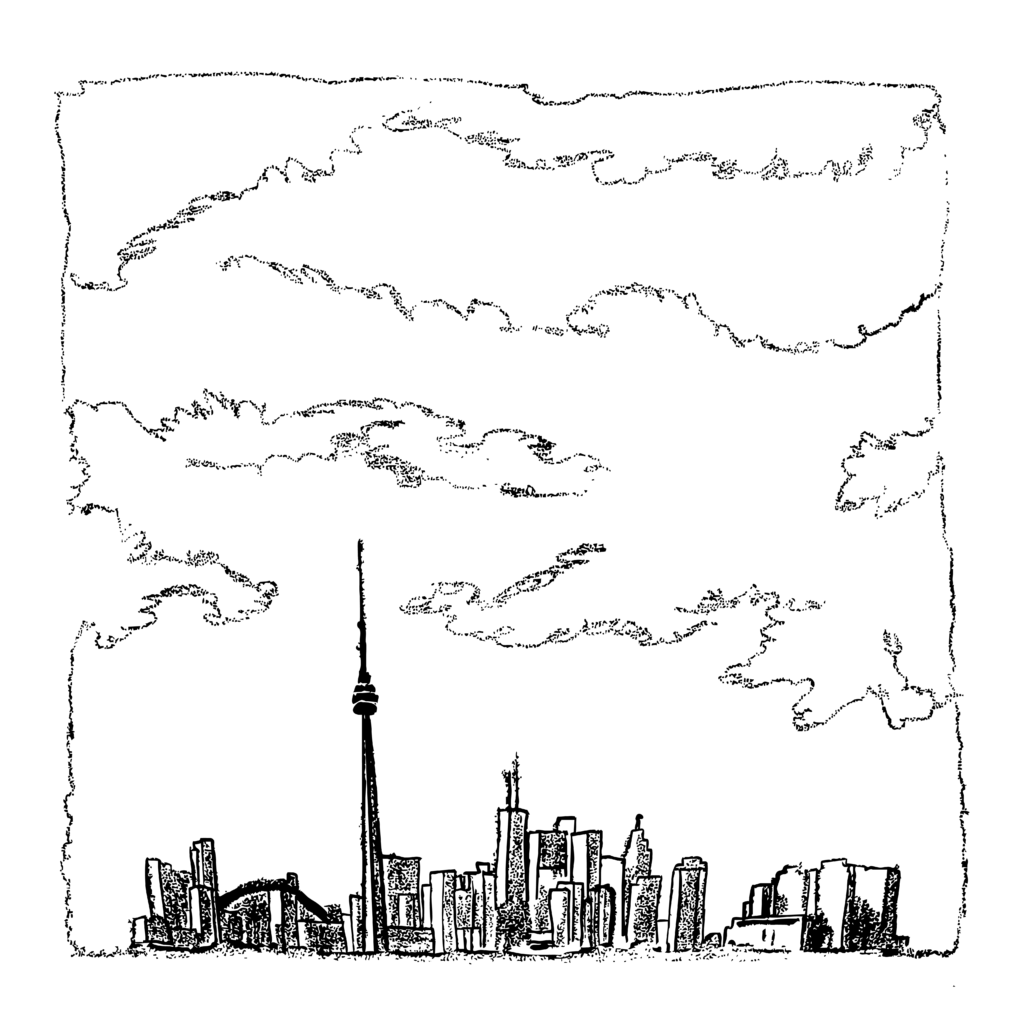 Black and white illustration of the Toronto city skyline with clouds in the sky.