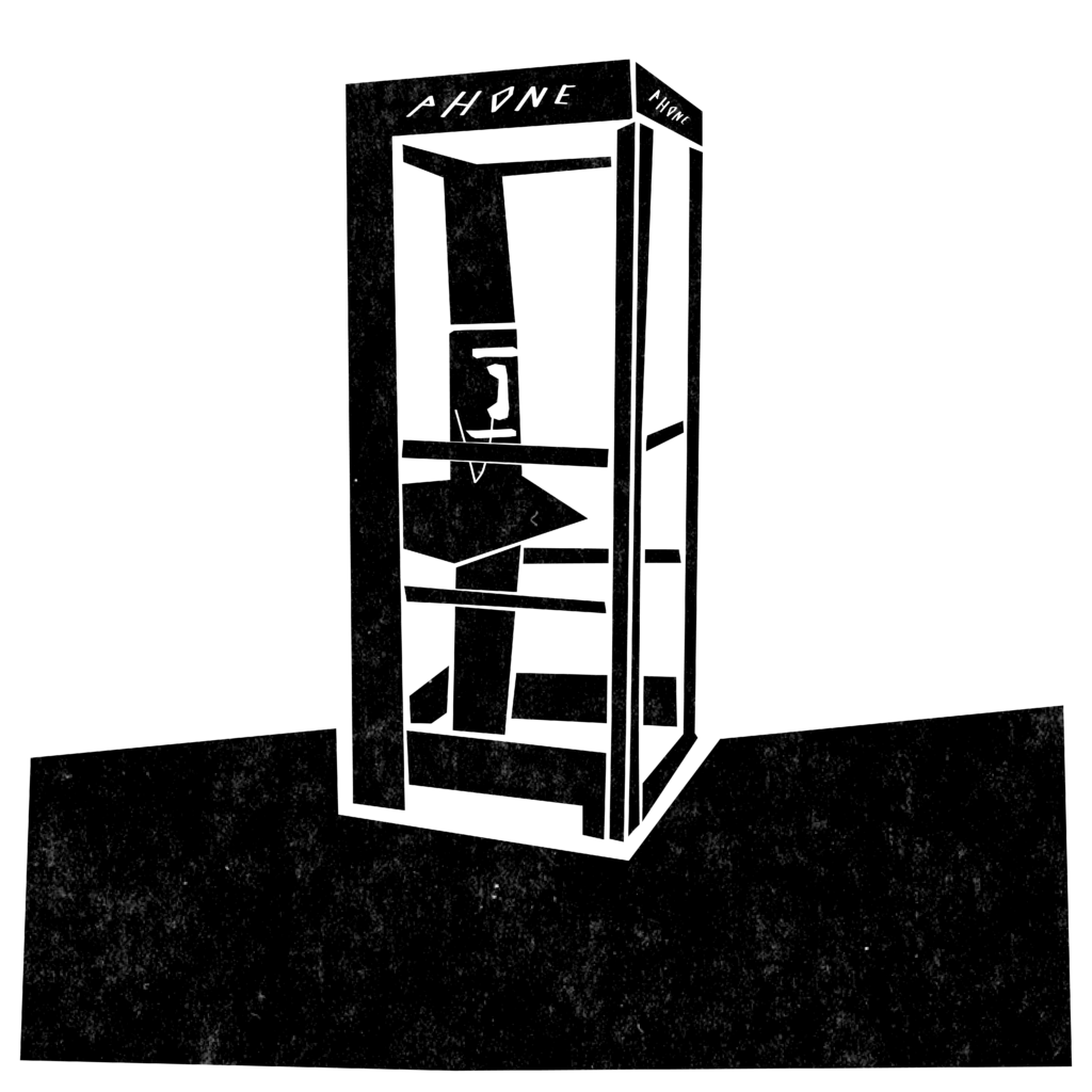 A black and white illustration of a phone booth.