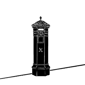 Black and white illustration of an English post office box, specifically a kind called a pillar box. It's tall and narrow, with ornate carvings and a slot.