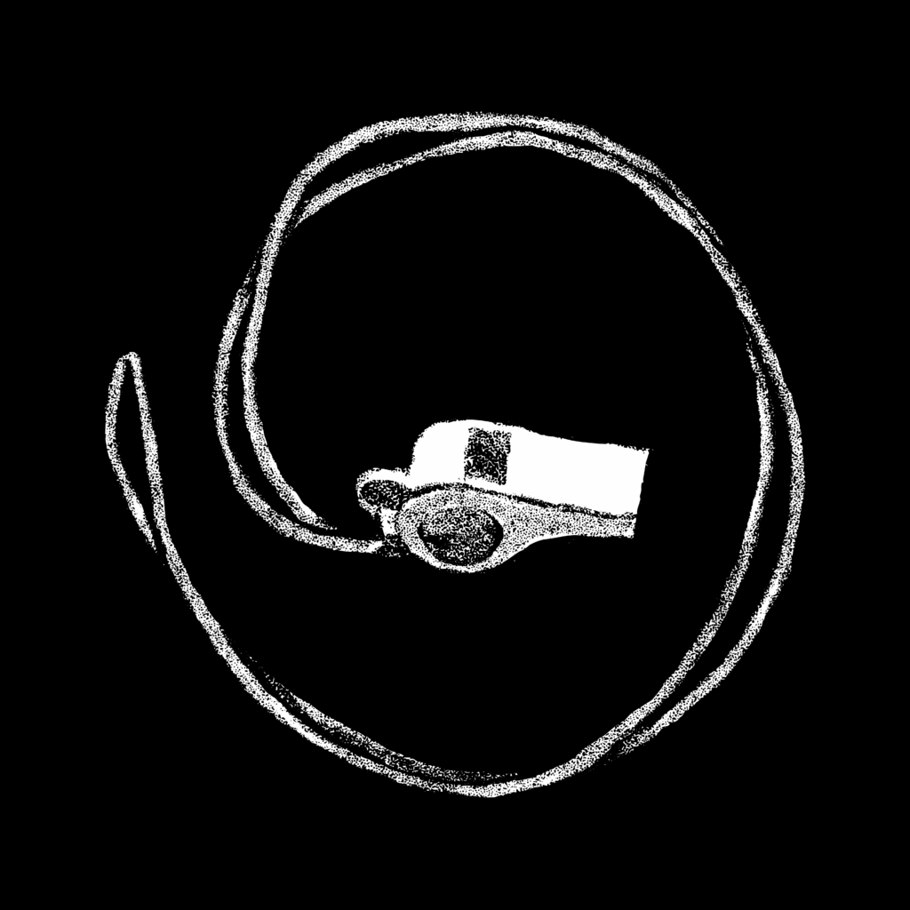 Black and white illustration of a whistle. The whistle is attached to a corded lanyard which coils outward from it in a spiral.
