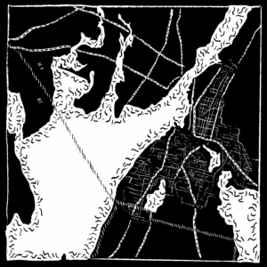 Black and white illustration of a map of the town of Fall River on the Massachusetts and Rhode Island border.